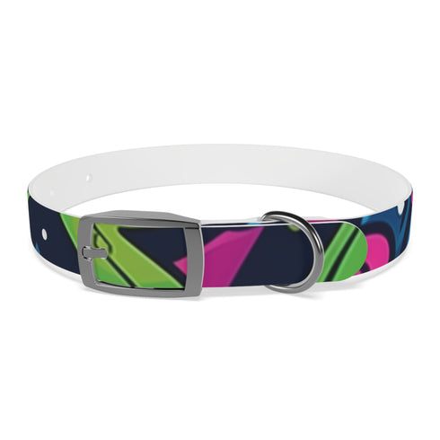 Neon graffiti dog collar with bright colors for trendy pups.