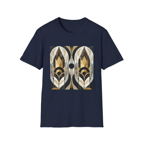 Charcoal geometric art deco t-shirt with vibrant abstract patterns on cotton fabric