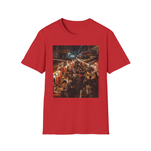 Charcoal crew neck T-shirt with vibrant Asian night market graphic