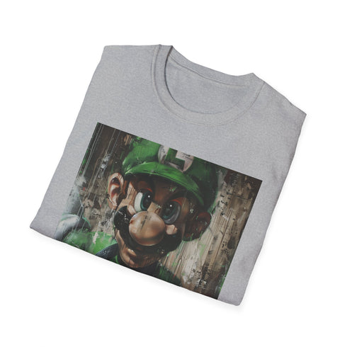 Vibrant charcoal crew neck T-shirt with Luigi painting and unique summer design