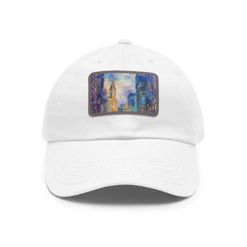 Chicago Skyline Watercolor Cap in White with Light Brown Rectangle Patch