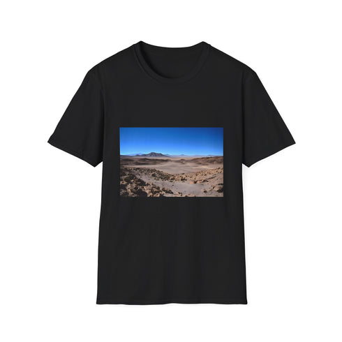 Cotton charcoal crew neck T-shirt with Atacama desert-inspired vibrant print