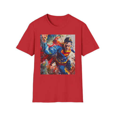 Charcoal cotton T-shirt featuring vibrant Superman portrait with bold brushstrokes