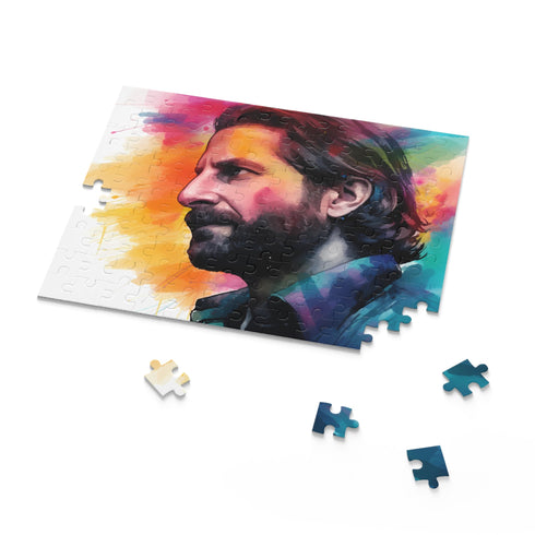 Vibrant neon Bradley Cooper watercolor puzzle with 120 pieces.