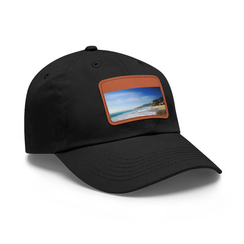 White baseball cap with Malibu beach image for sunny days.