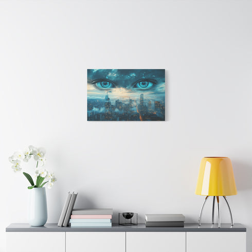 Floating Eyes Watching City from Sky Stretched Canvas Wall Art