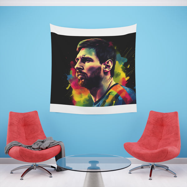 Neon Messi: A Watercolor Celebration Tapestry | Wall Tapestry | All Over Print, AOP, Decor, Halloween, Home & Living, Home Decor, Indoor, Spring Essentials, Sublimation, Tapestry | Prints with Passion