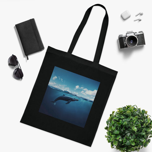 Minimalist black cotton tote bag with whale design, perfect for ocean-lovers.
