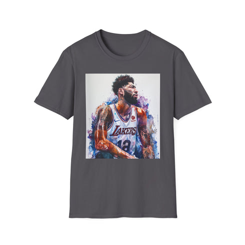 Charcoal cotton T-shirt featuring vibrant watercolor portrait of Anthony Davis
