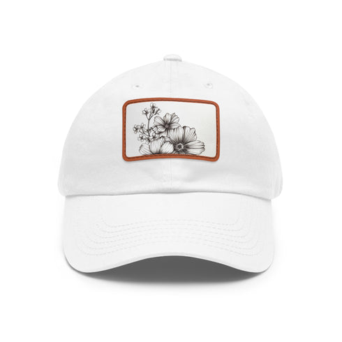 Floral hand-drawn white baseball hat with light brown patch.