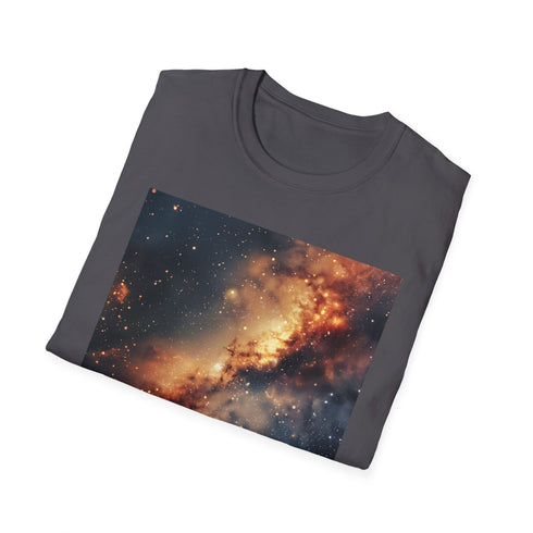 Charcoal galaxy painting t-shirt with intricate celestial design and crew neck