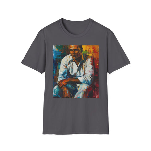 Charcoal cotton crew neck T-shirt with Harry Belafonte portrait painting