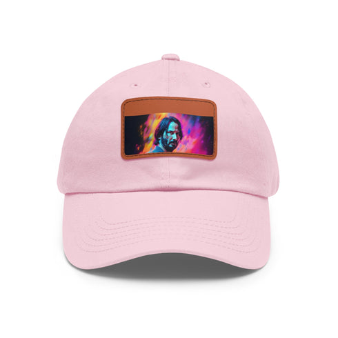 Neon watercolor Keanu Reeves baseball cap with light brown patch.