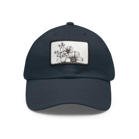 Hand-drawn floral baseball cap in white with light brown patch.