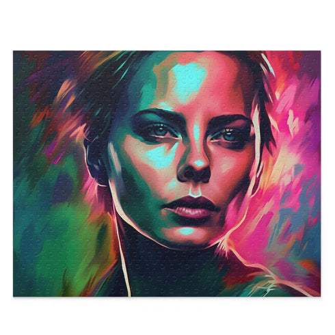 Charlize Theron Neon Watercolor Puzzle - Vibrant 120-piece jigsaw puzzle featuring actress portrait