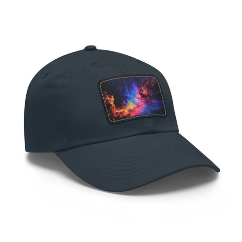 Galactic glow baseball cap with neon space design and light brown patch.