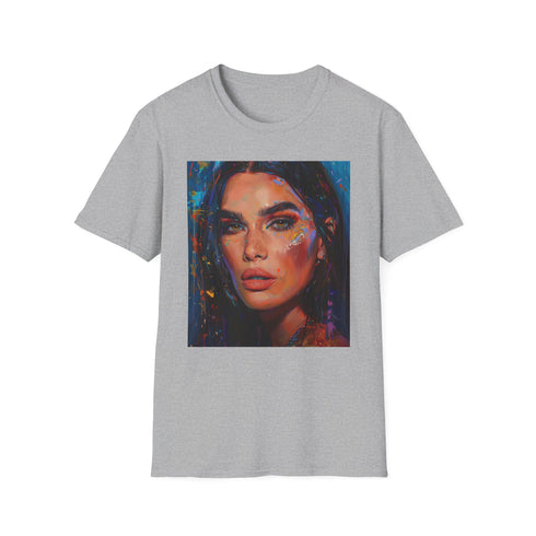 Charcoal cotton crew neck T-shirt featuring a vibrant Kendall Jenner portrait
