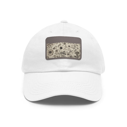 Botanical patterned rectangle hat in white with light brown patch.