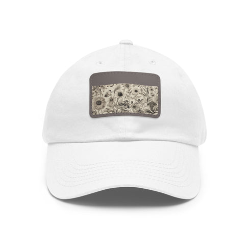 Botanical baseball cap with intricate pattern in white and light brown.