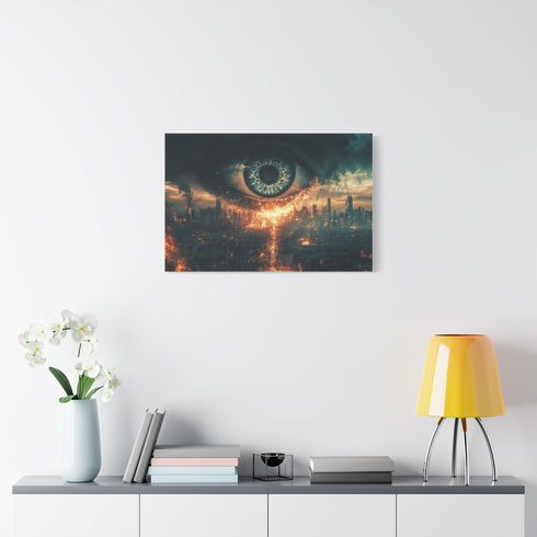 Giant Eye above a Burning City Stretched Canvas Wall Art