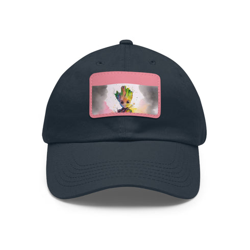 Neon watercolor Baby Groot baseball cap, white light brown patch, rectangle