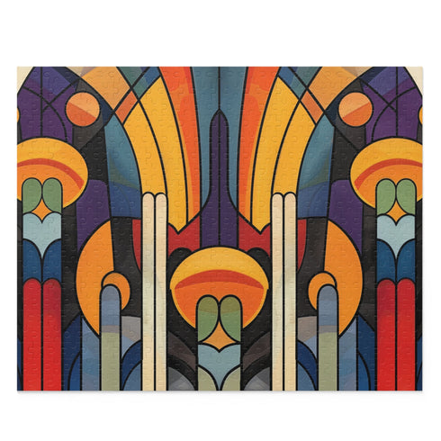 Abstract art deco puzzle with vibrant patterns, 10" x 8" size.