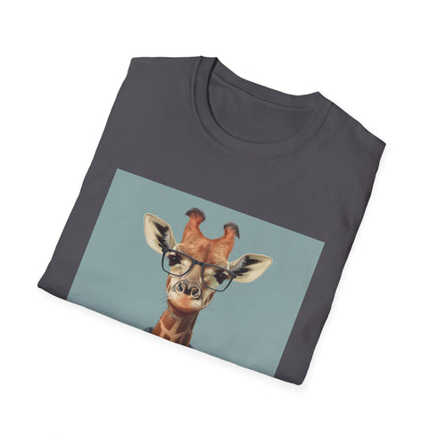 Hipster giraffe graphic tee in charcoal for men and women.