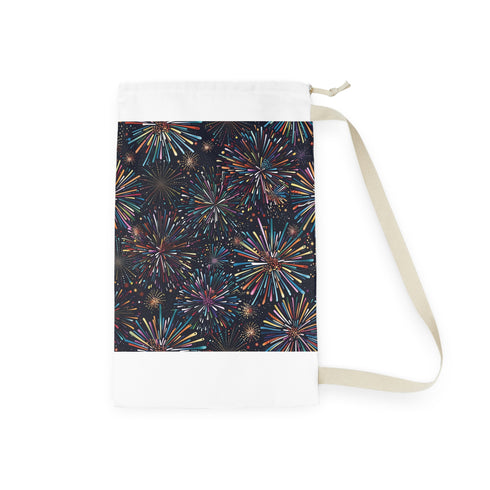 Vibrant festive fireworks patterned laundry bag for a fun laundry routine