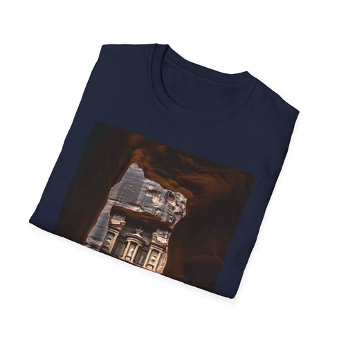 Charcoal cotton crew neck T-shirt featuring Petra-inspired graphic evokes timeless adventure