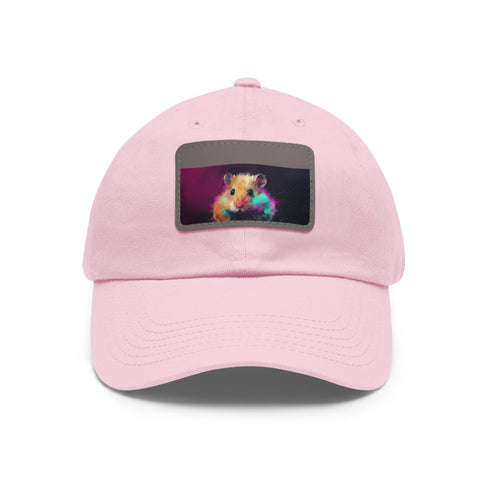 Neon hamster baseball cap in white with rectangle patch detail.