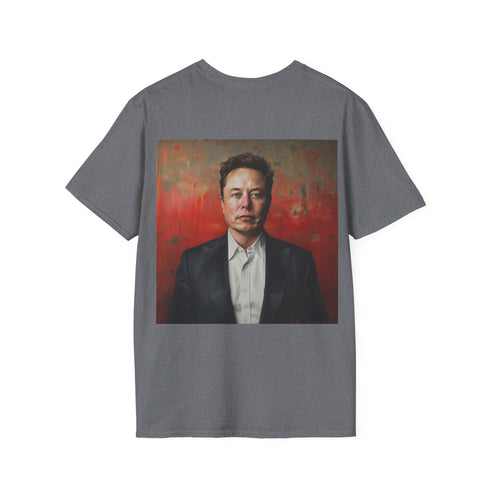 Elon Musk graphic tee in charcoal color, cotton fabric, crew neck.