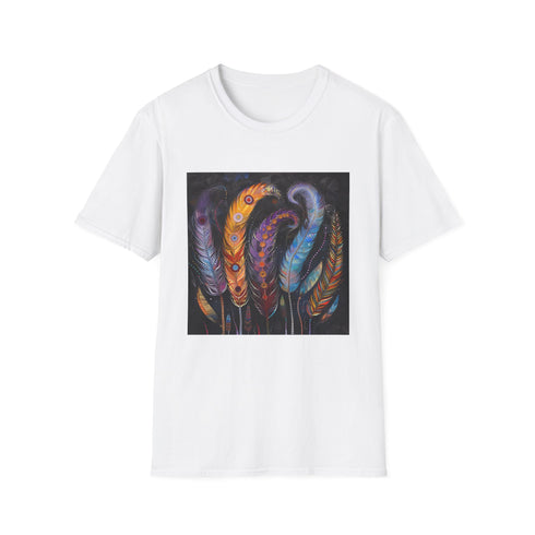 Charcoal cotton t-shirt with vibrant bohemian feather design and crew neck