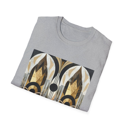 Charcoal art deco pattern t-shirt with vibrant geometric shapes and soft cotton
