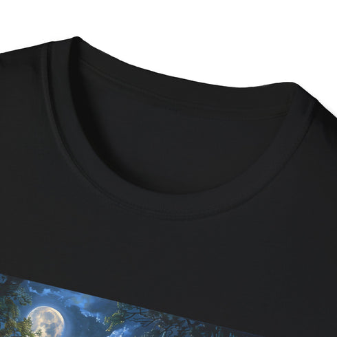Charcoal cotton t-shirt with moonlit castle graphic and crew neck design