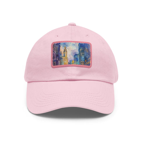 Chicago skyline watercolor hat in white with light brown patch detail.