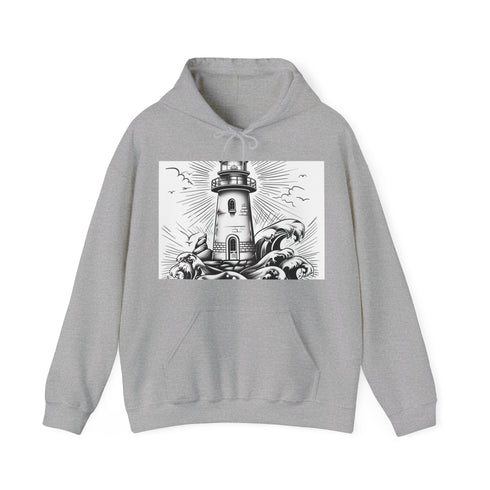 Hand-drawn navy coastal lighthouse hoodie for men and women.