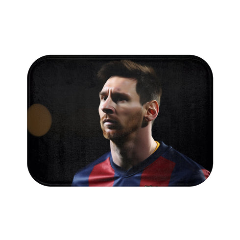 Lionel Messi field goal bath mat, soccer-themed decor for home & bathroom.