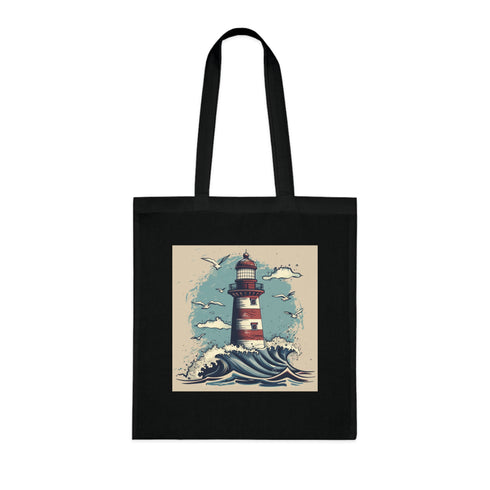 Ocean Beacon Tote Bag with hand-drawn lighthouse design.