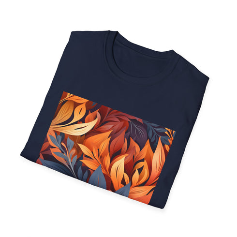 Charcoal cotton T-shirt with crew neck featuring autumn tapestry pattern