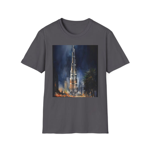 Charcoal cotton t-shirt with watercolor Dubai skyline graphic in crew neck style