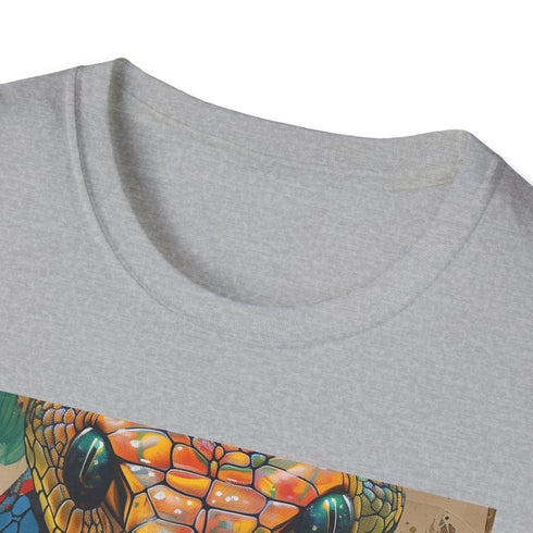Charcoal cotton t-shirt with vibrant cobra snake design showcasing majestic details