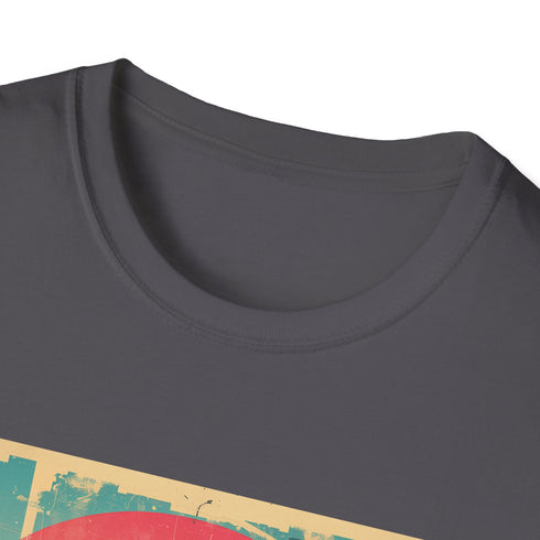 Retro tropical sunset palm tree t-shirt in charcoal, small size.