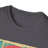 Retro tropical sunset palm tree t-shirt in charcoal, small size.