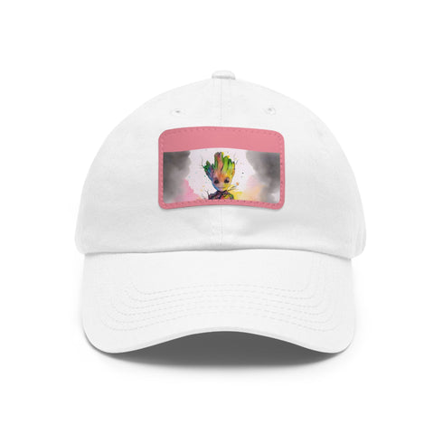 Neon watercolor Baby Groot baseball cap with light brown patch.