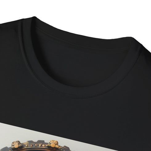 Charcoal steampunk t-shirt with intricate Victorian-inspired gear design crafted from cotton