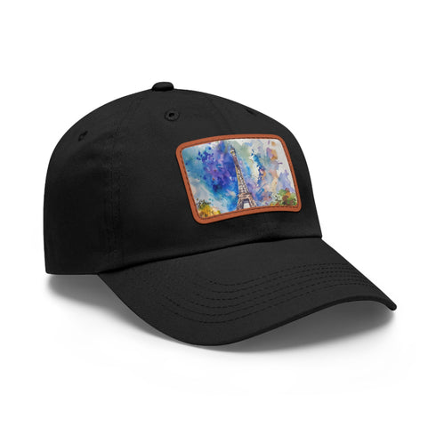 Eiffel Tower Dreams Watercolor Baseball Cap in White with Light Brown Patch