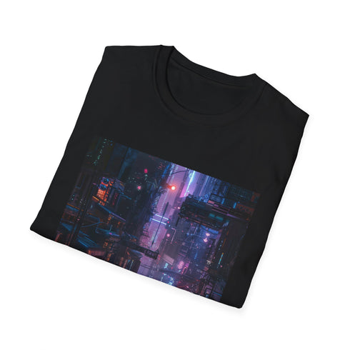 Cyberpunk charcoal t-shirt with neon cityscape vibrant futuristic design