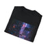 Cyberpunk charcoal t-shirt with neon cityscape vibrant futuristic design