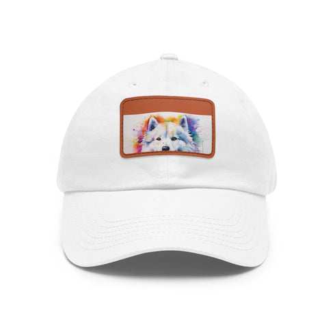 White cotton snapback with fluffy Samoyed patch, unisex vegan accessory.