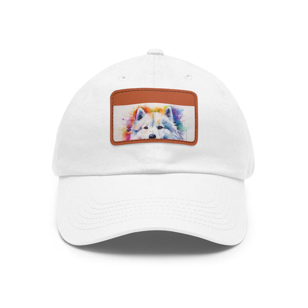 Fluffy white cotton snapback with Samoyed patch - unisex vegan hat.